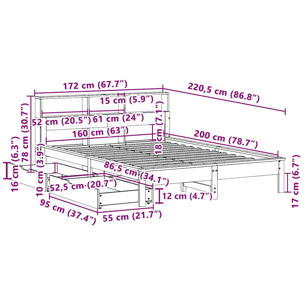 Seng Med Bokhylle Uten Madrass Hvit 160X200 Cm Heltre Furu