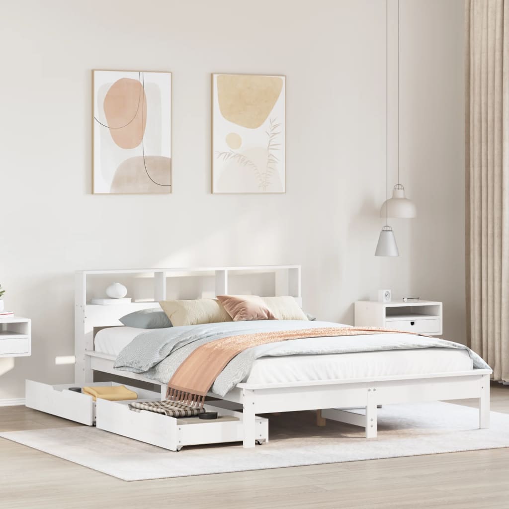 Seng Med Bokhylle Uten Madrass Hvit 140X200 Cm Heltre Furu
