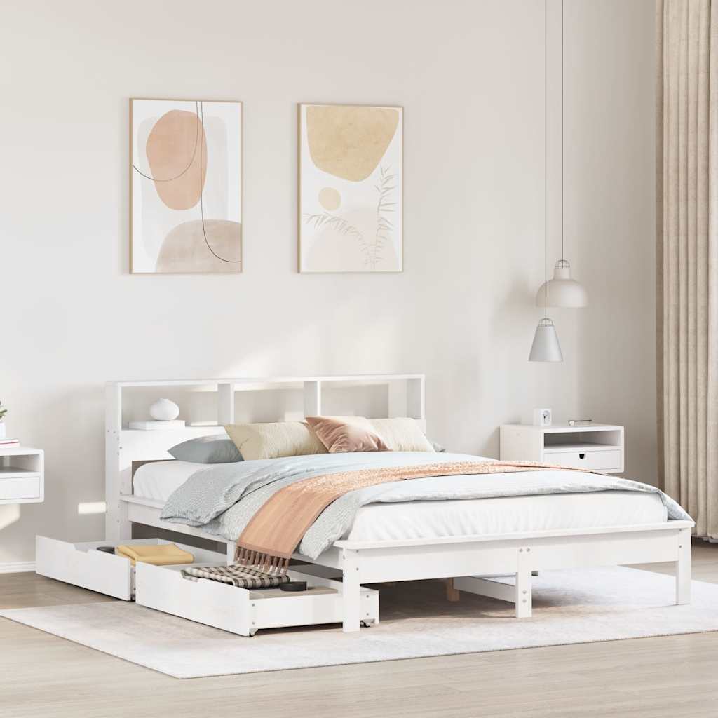 Seng Med Bokhylle Uten Madrass Hvit 140X190 Cm Heltre Furu