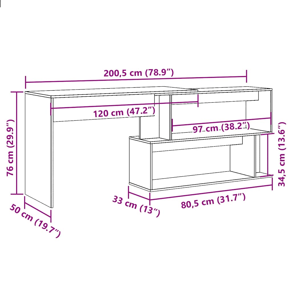 Hjørneskrivebord Gammelt Tre 200,5X50X76 Cm Konstruert Tre