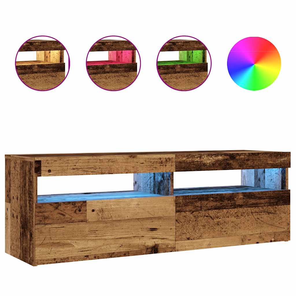 Tv-Benk Med Led-Lys Gammelt Tre 120X35X40 Cm Konstruert Tre