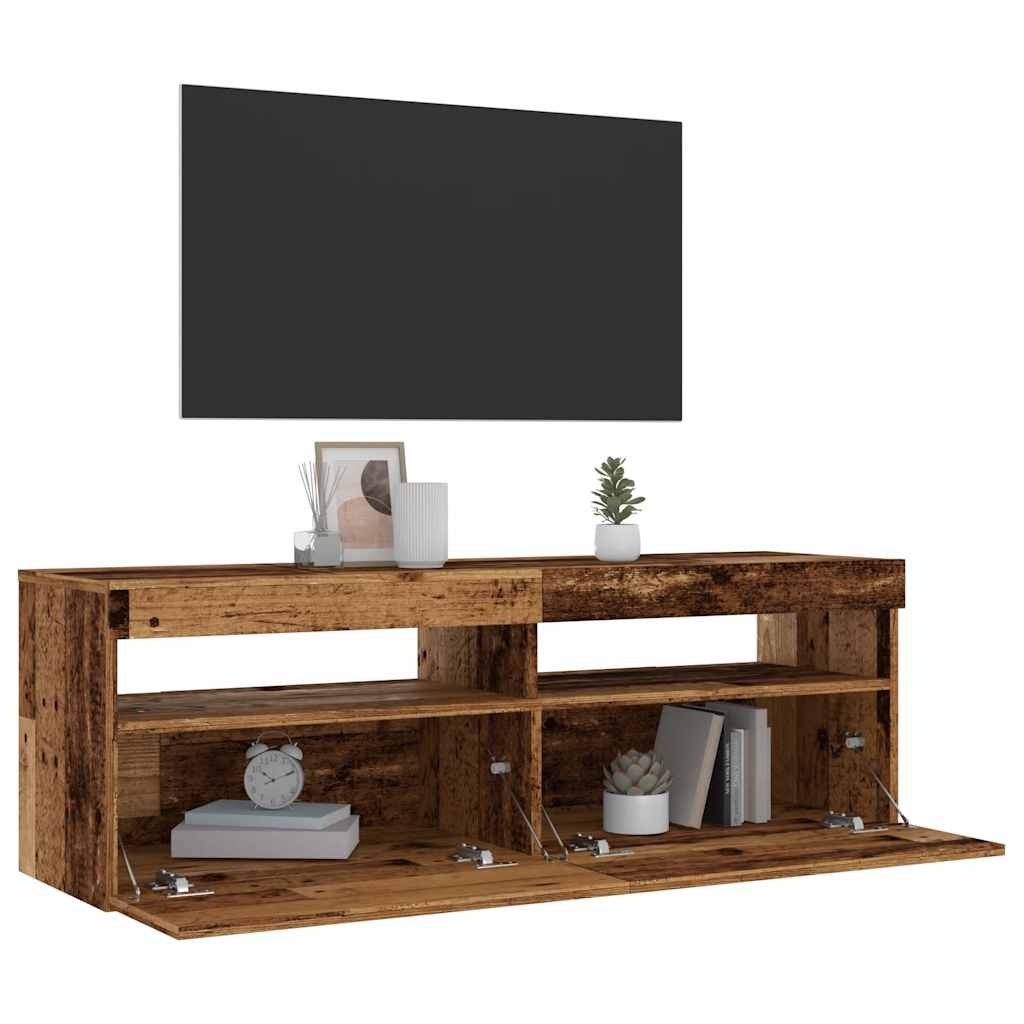 Tv-Benk Med Led-Lys Gammelt Tre 120X35X40 Cm Konstruert Tre