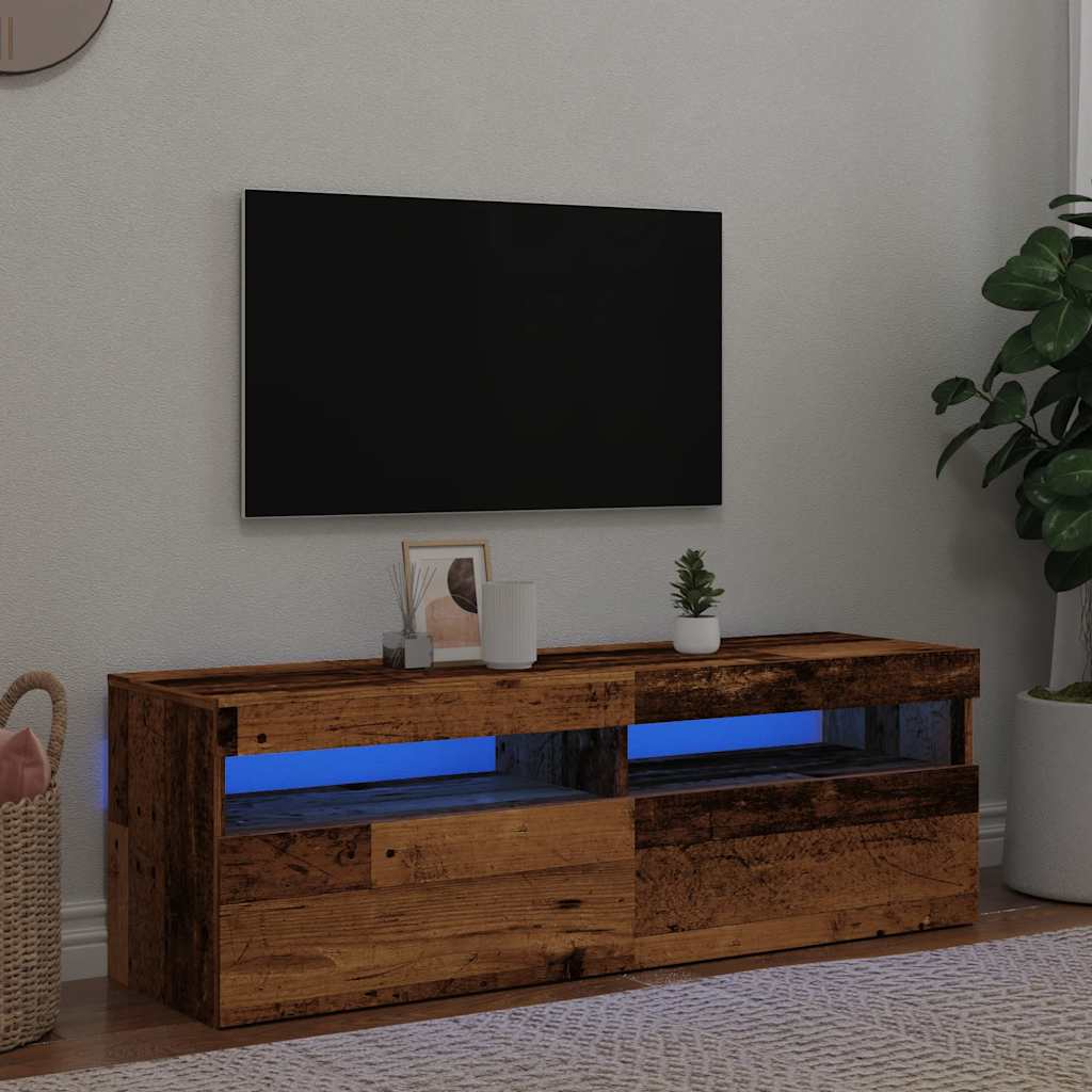 Tv-Benk Med Led-Lys Gammelt Tre 120X35X40 Cm Konstruert Tre