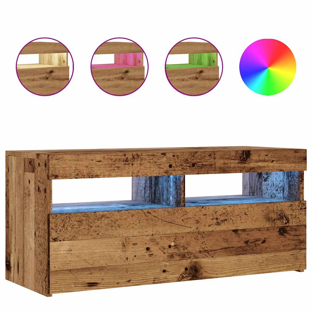 Tv-Benk Med Led-Lys Gammelt Tre 90X35X40 Cm Konstruert Tre