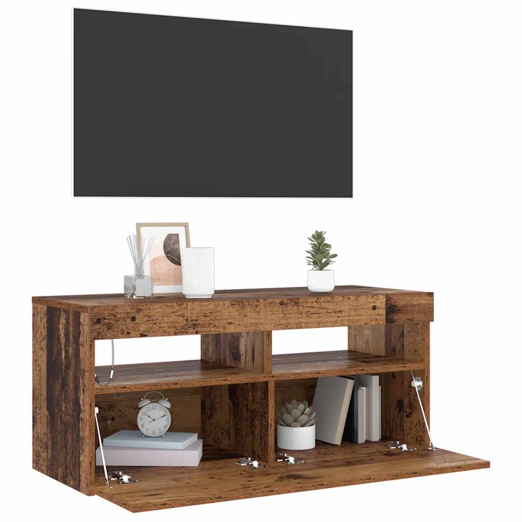 Tv-Benk Med Led-Lys Gammelt Tre 90X35X40 Cm Konstruert Tre