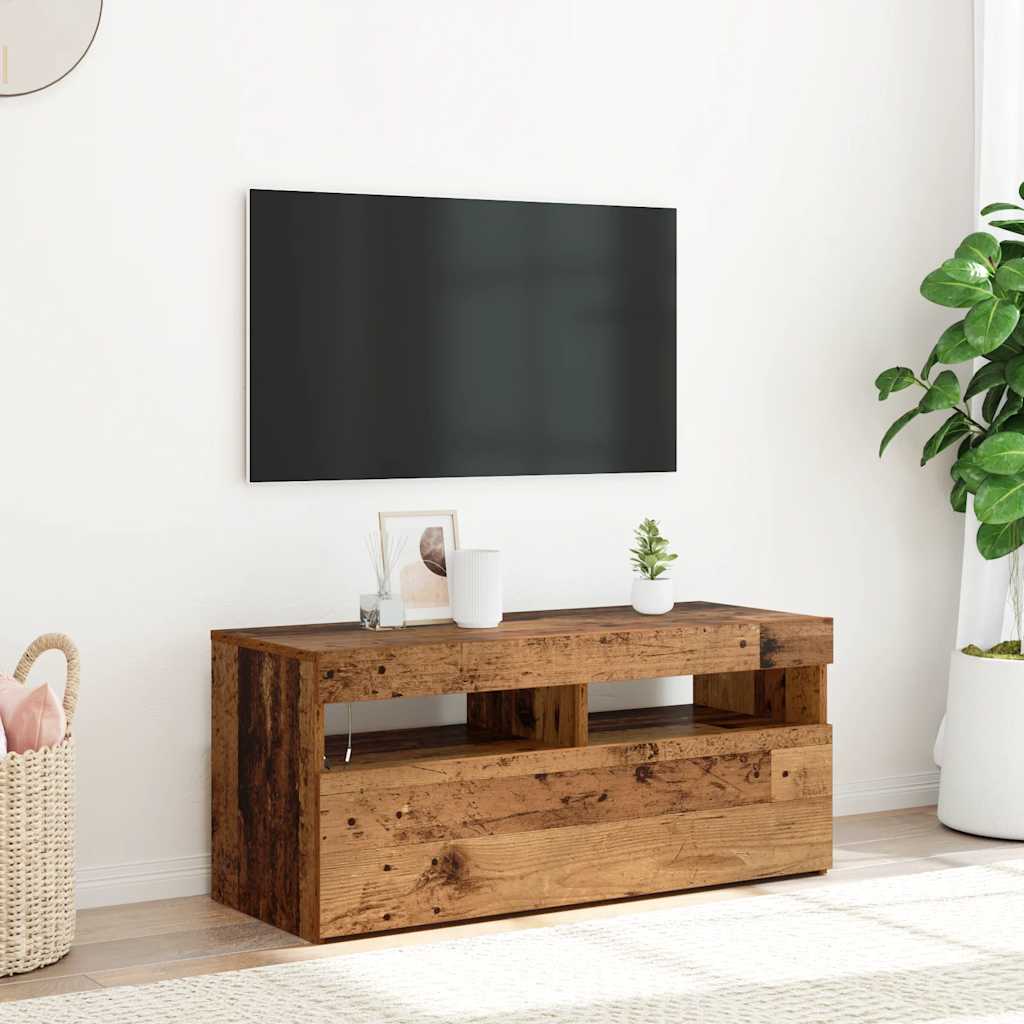 Tv-Benk Med Led-Lys Gammelt Tre 90X35X40 Cm Konstruert Tre