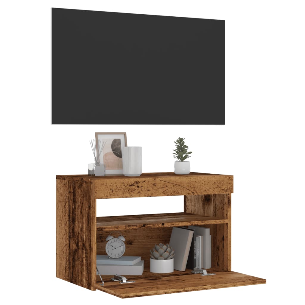 Tv-Benk Med Led-Lys Gammelt Tre 60X35X40 Cm Konstruert Tre