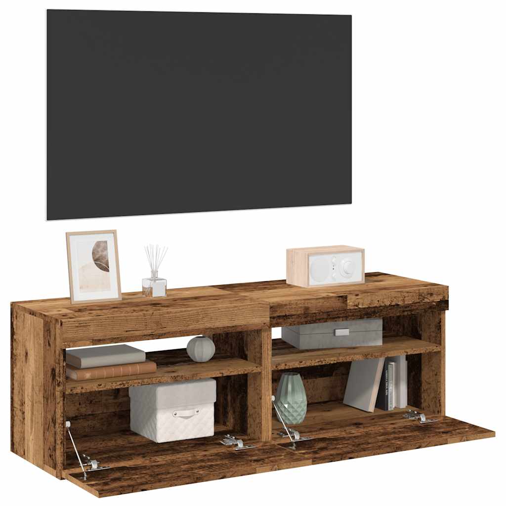 Tv-Benk Med Led-Lys 2 Stk Gammelt Tre Konstruert Tre
