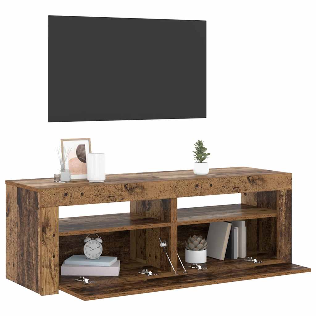 Tv-Benk Med Led-Lys Gammelt Tre 120X35X40 Cm Konstruert Tre
