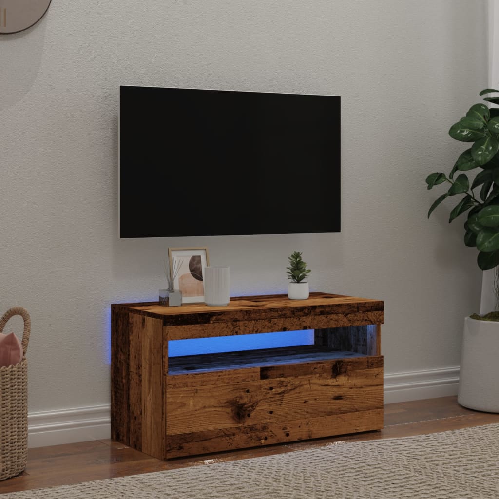 Tv-Benk Med Led-Lys Gammelt Tre 75X35X40 Cm Konstruert Tre