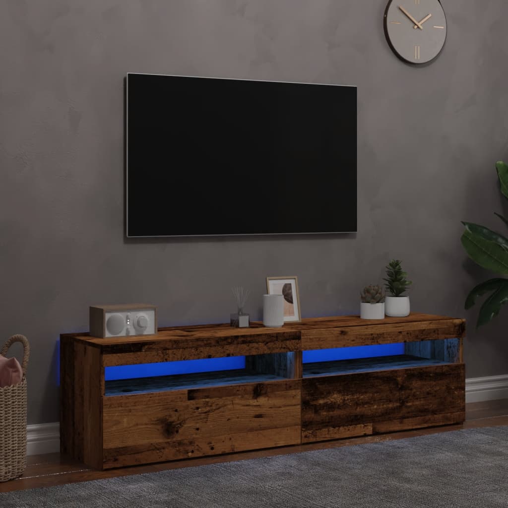 Tv-Benk Med Led-Lys 2 Stk Gammelt Tre Konstruert Tre