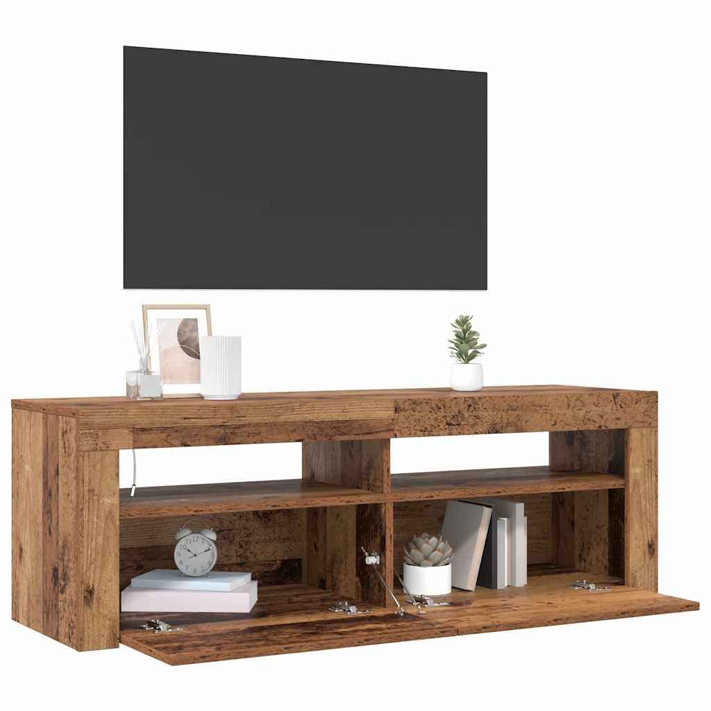 Tv-Benk Med Led-Lys Gammelt Tre 120X35X40 Cm Konstruert Tre