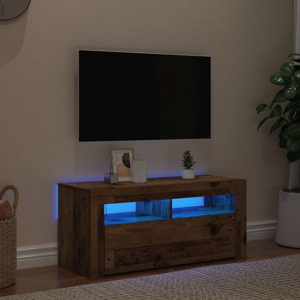 Tv-Benk Med Led-Lys Gammelt Tre 90X35X40 Cm Konstruert Tre