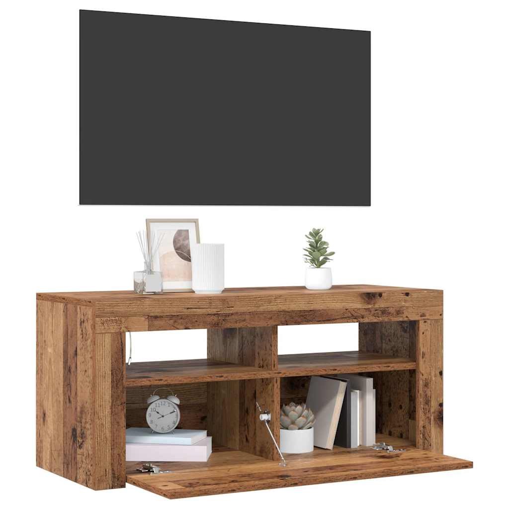 Tv-Benk Med Led-Lys Gammelt Tre 90X35X40 Cm Konstruert Tre