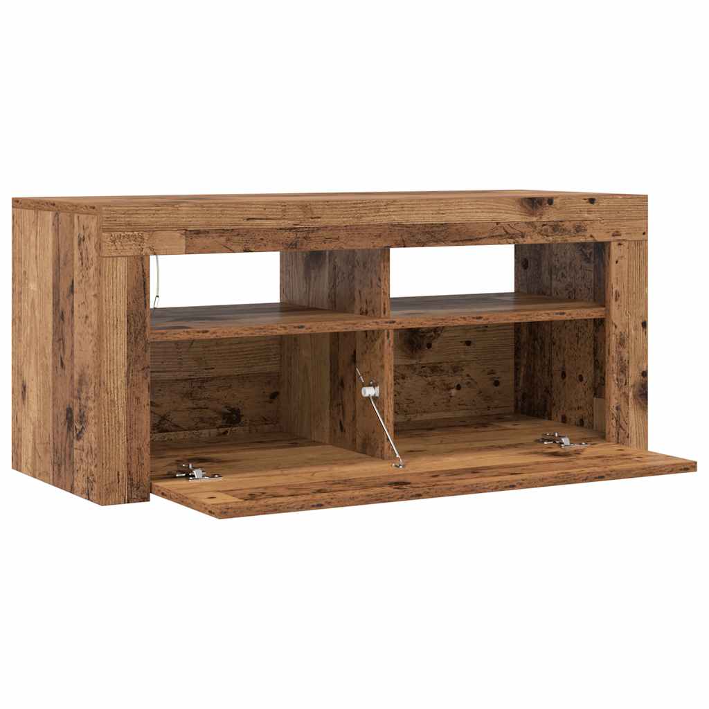 Tv-Benk Med Led-Lys Gammelt Tre 90X35X40 Cm Konstruert Tre