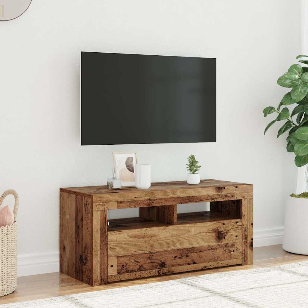 Tv-Benk Med Led-Lys Gammelt Tre 90X35X40 Cm Konstruert Tre