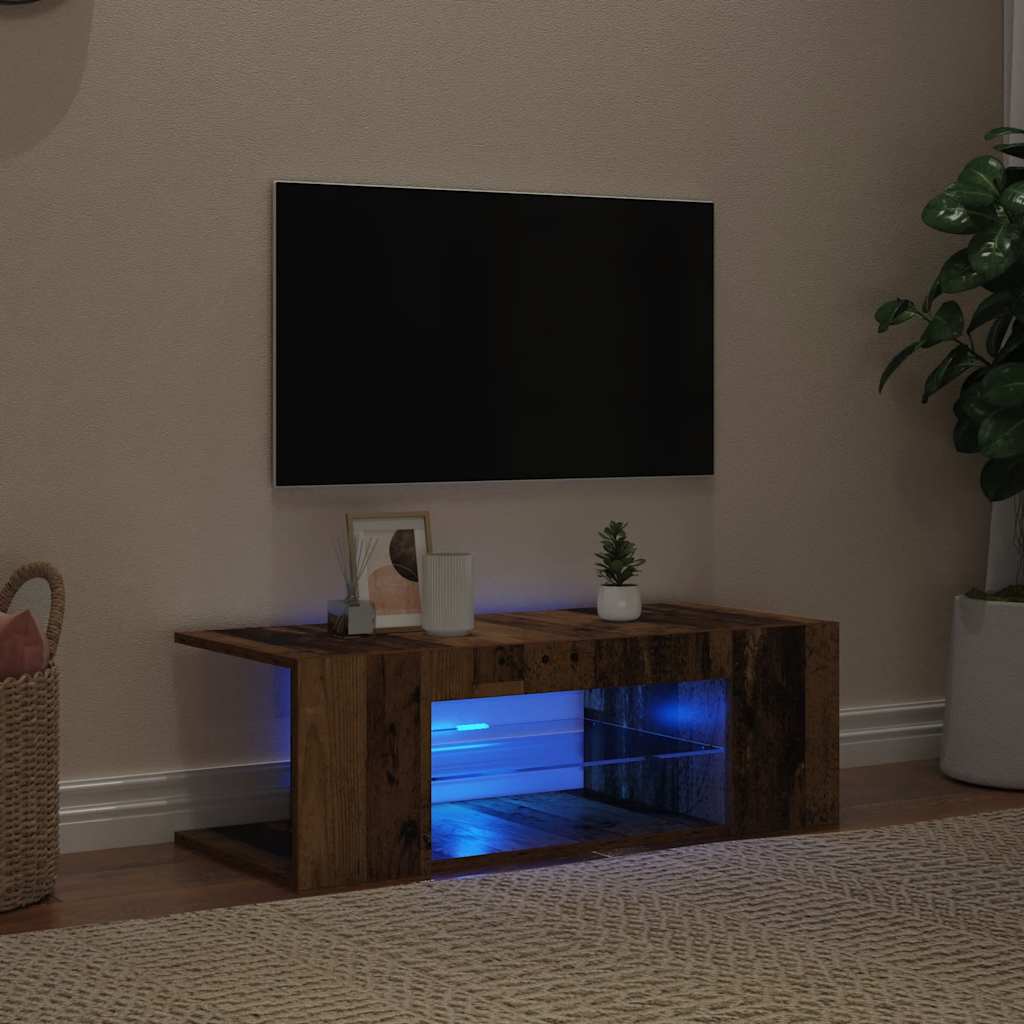 Tv-Benk Med Led-Lys Gammelt Tre 90X39X30 Cm Konstruert Tre