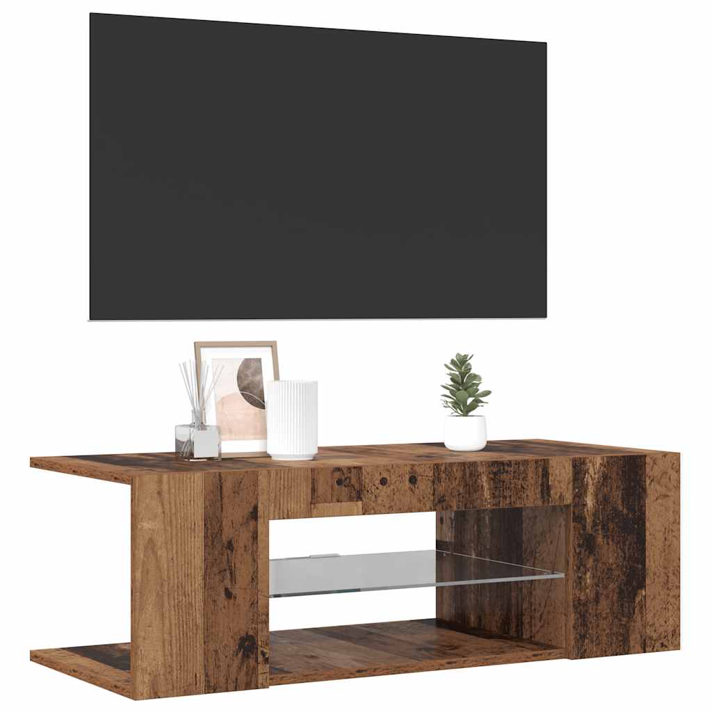 Tv-Benk Med Led-Lys Gammelt Tre 90X39X30 Cm Konstruert Tre