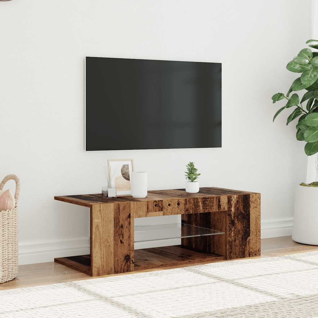 Tv-Benk Med Led-Lys Gammelt Tre 90X39X30 Cm Konstruert Tre