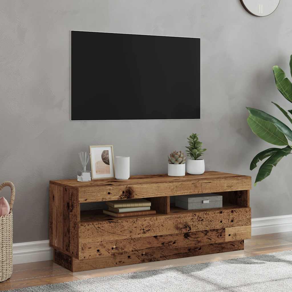 Tv-Benk Med Led-Lys Gammelt Tre 100X35X40 Cm Konstruert Tre