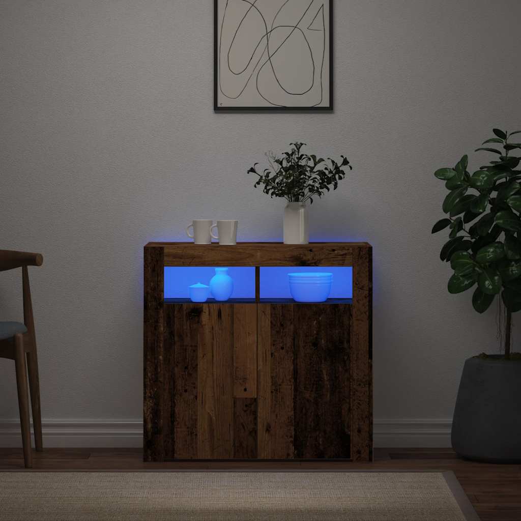 Skjenk Med Led-Lys Gammelt Tre 80X35X75 Cm Konstruert Tre