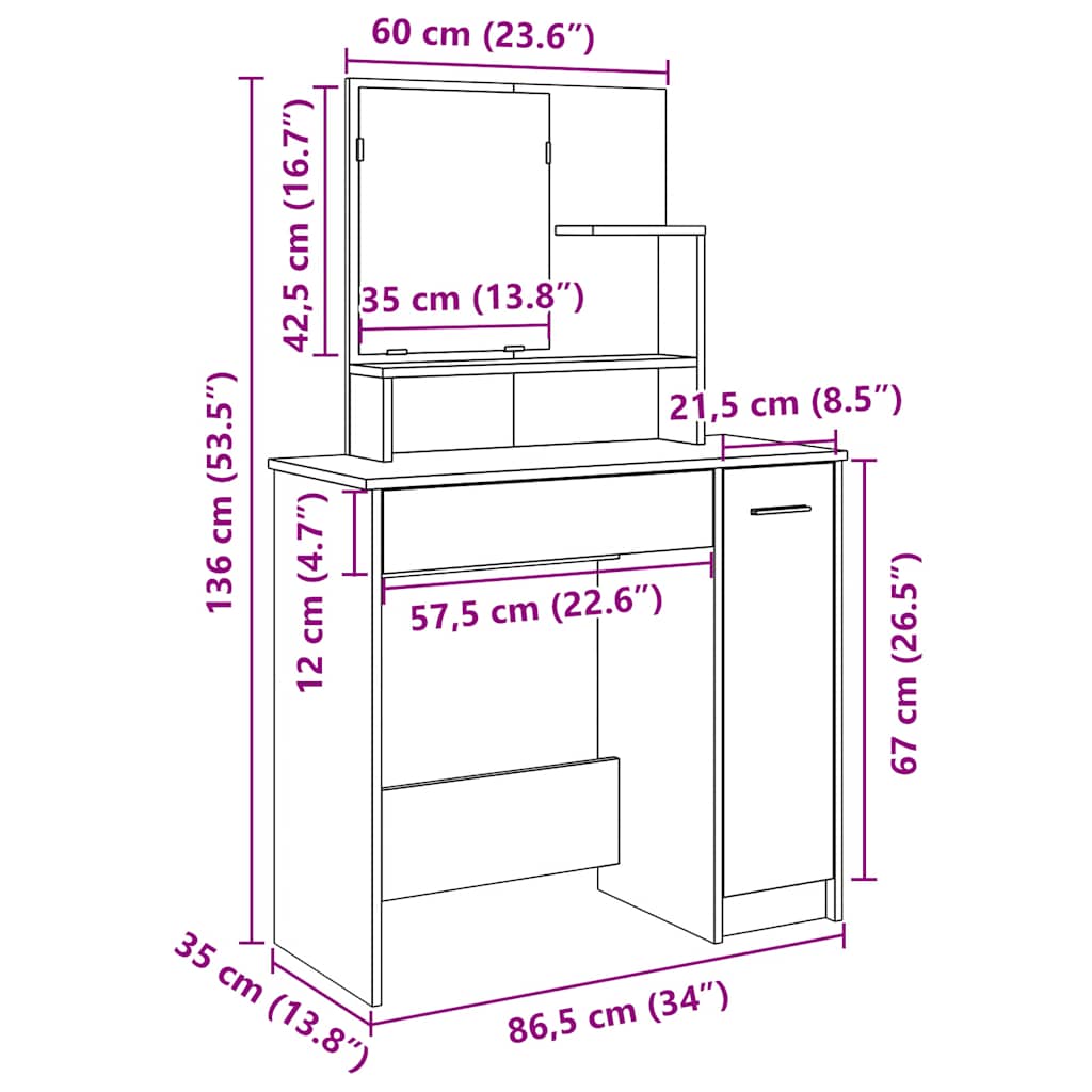 Sminkebord Med Speil Gammelt Tre 86,5X35X136 Cm