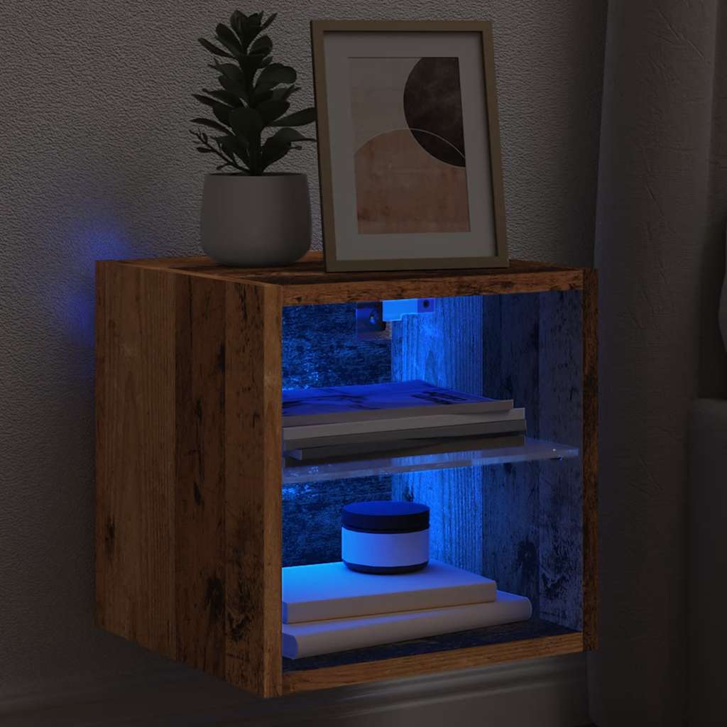 Vegghengt Tv-Benk Med Led Gammelt Tre 30X28,5X30 Cm