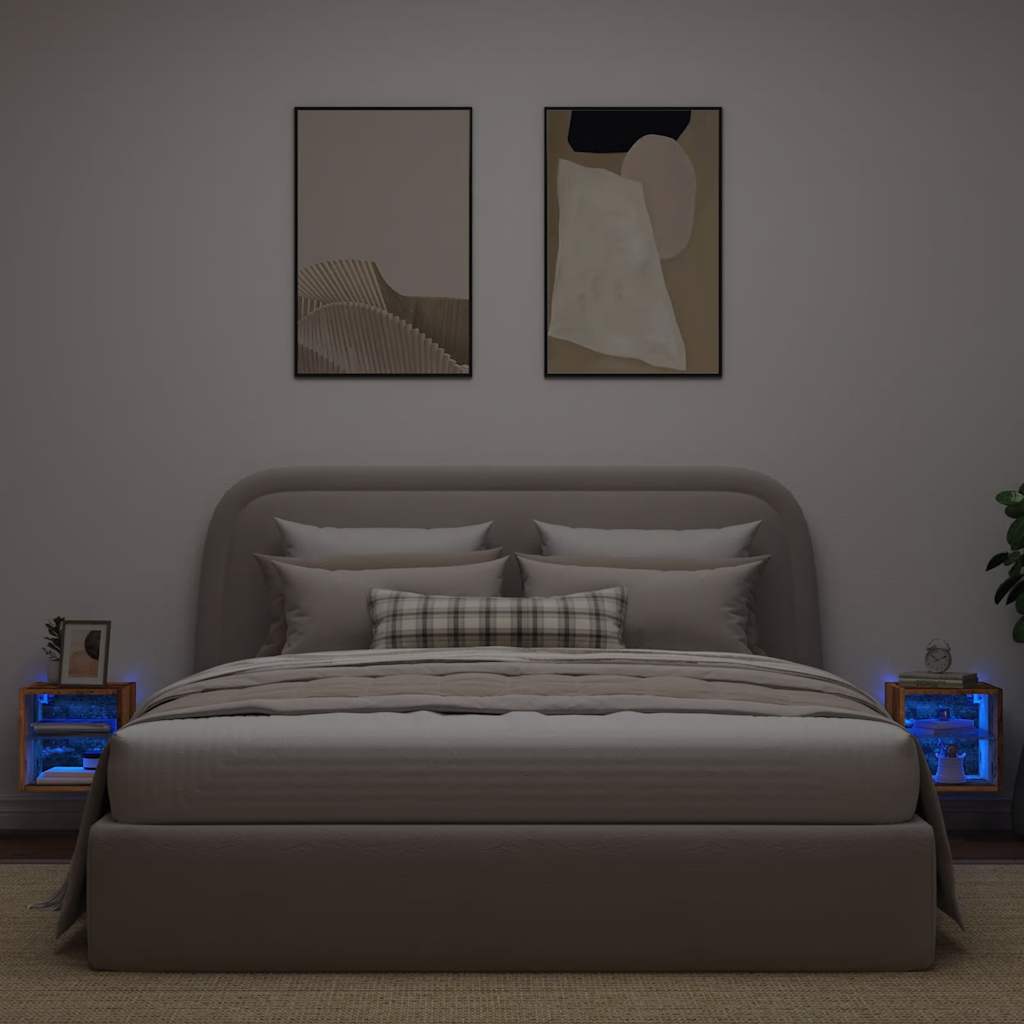 Vegghengt Tv-Benk Med Led 2 Stk Gammelt Tre 30X28,5X30 Cm
