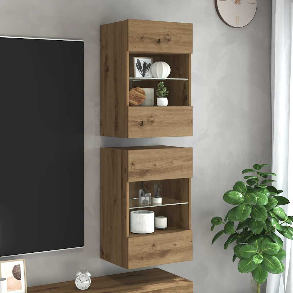 Vegghengte Skap Med Led-Lys For Tv 2 Stk Artisan Eik 40X30X60,5 Cm