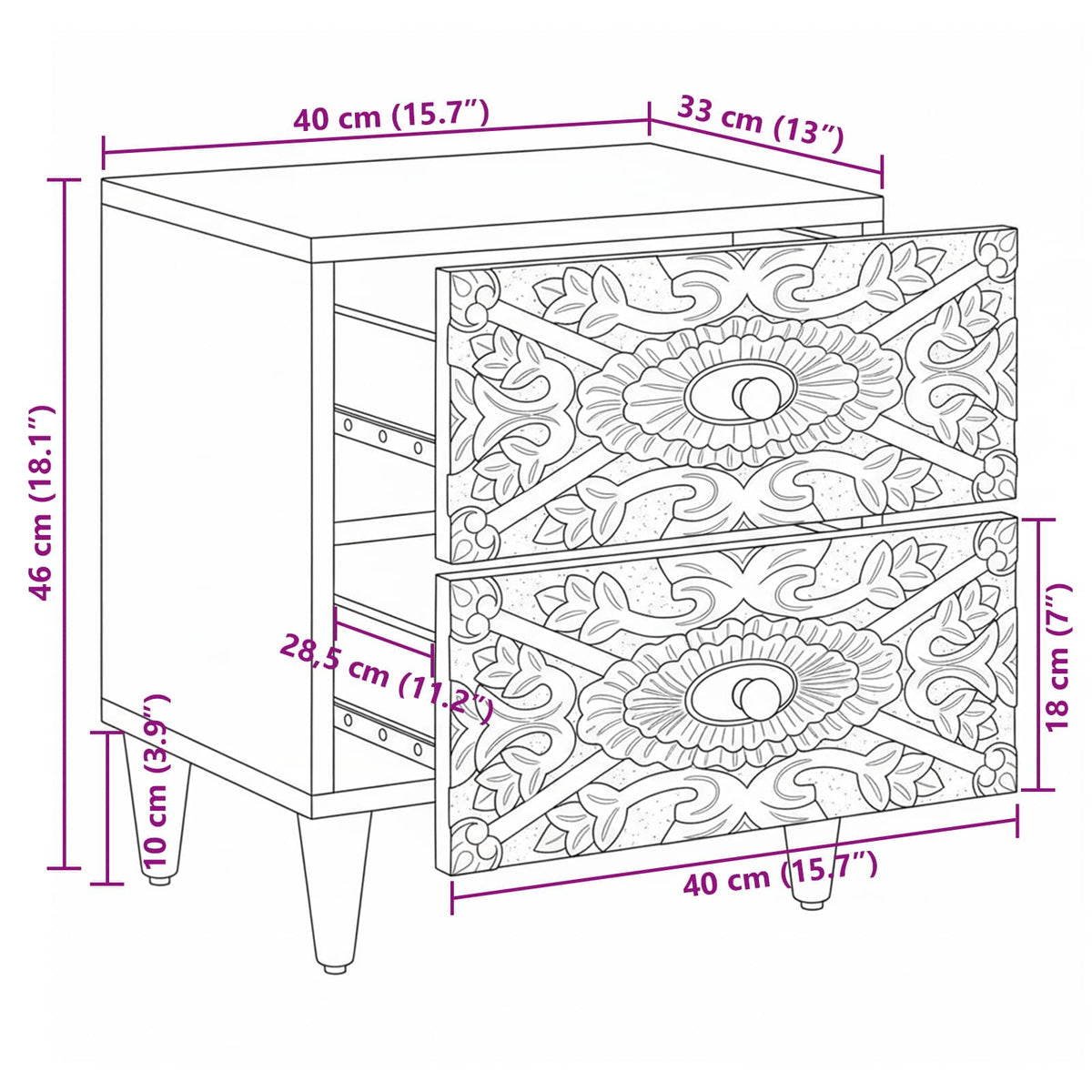 Nattbordskap 2 Pcs Hvit 40 X 33,5 X 46 Cm Massiv Mango Tre