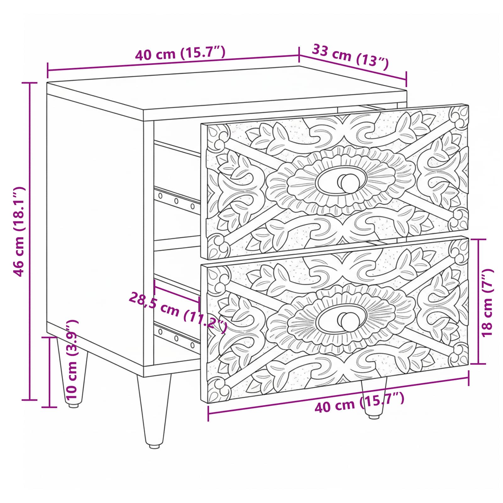 Nattbordskap 2 Pcs Hvit 40 X 33,5 X 46 Cm Massiv Mango Tre