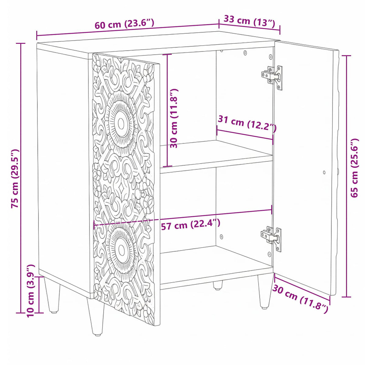 Oppbevaringssideboard Hvit 60 X 33,5 X 75 Cm Massiv Mango Tre
