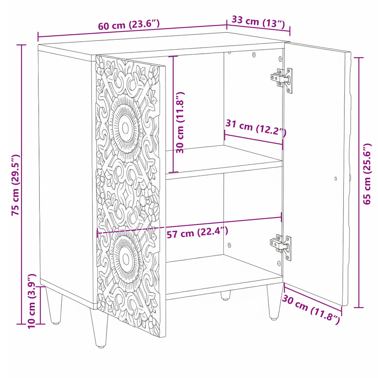Oppbevaringssideboard Hvit 60 X 33,5 X 75 Cm Massiv Mango Tre