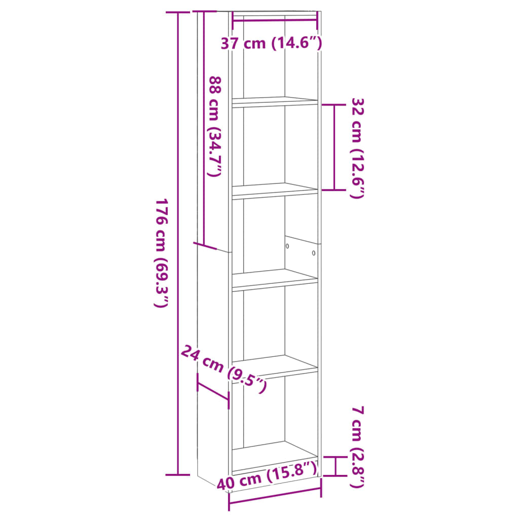 Bokhylle Svart 40X24X176 Cm Konstruert Tre