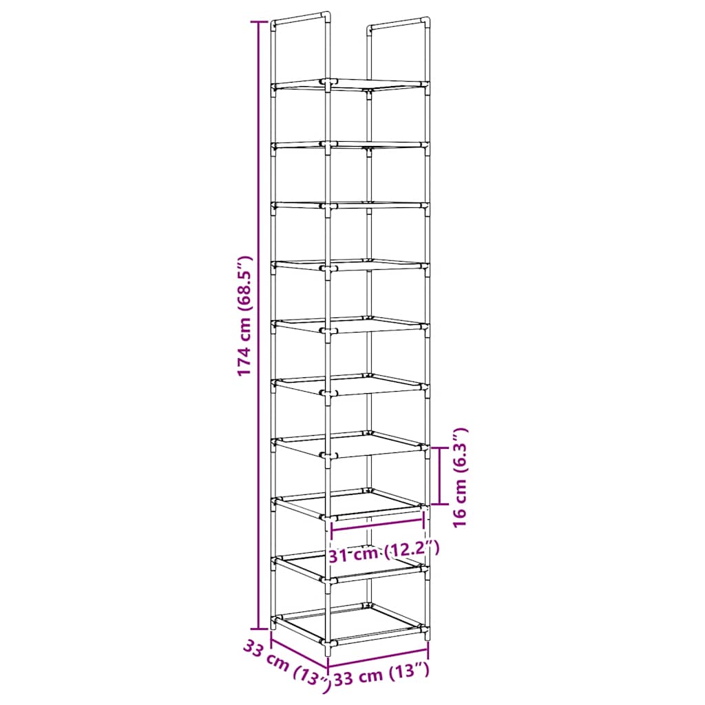Skostativ 10-Lags Svart 33X33X174 Cm Ikke-Vevd Stoff