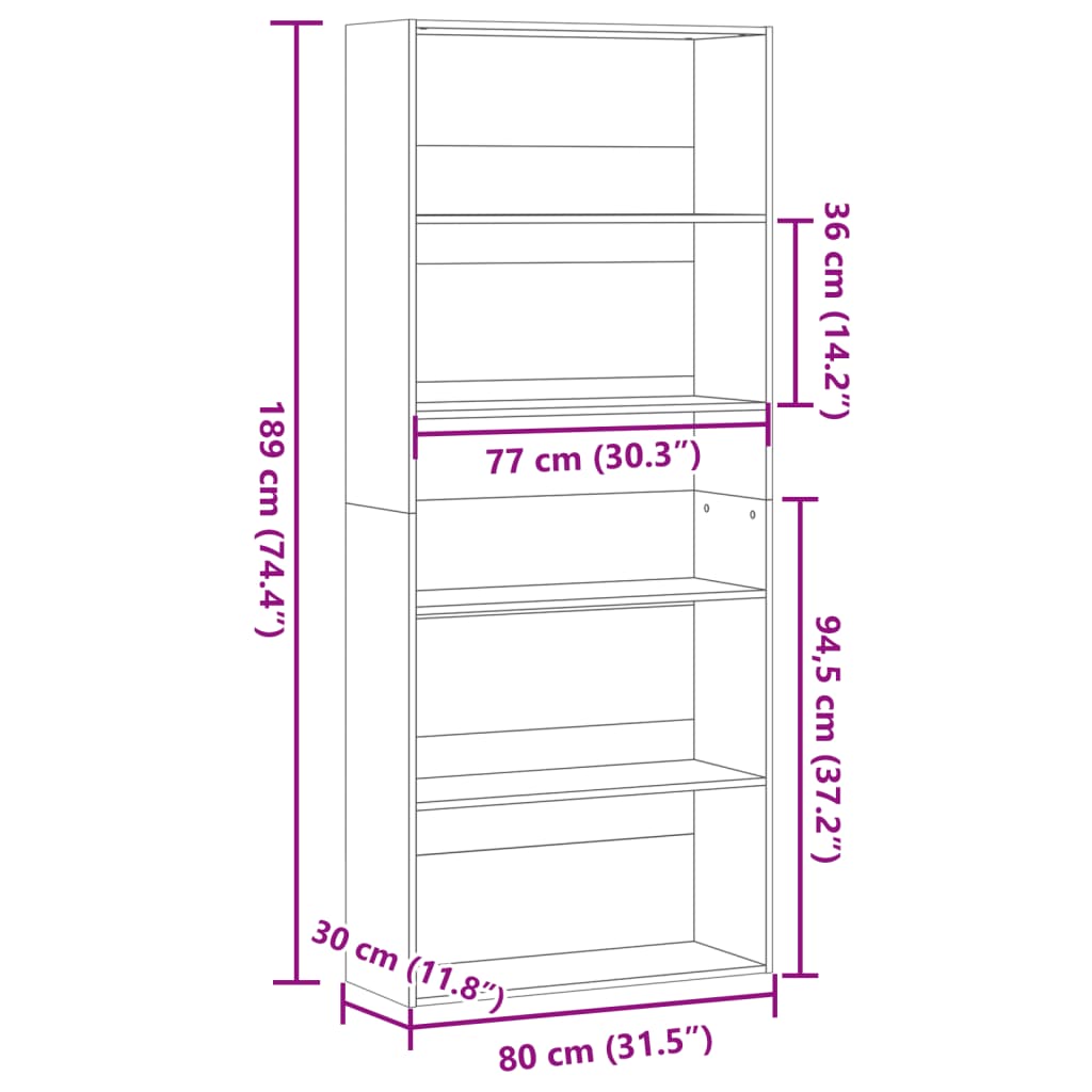 Bokhylle Hvit 80X30X189 Cm Konstruert Tre