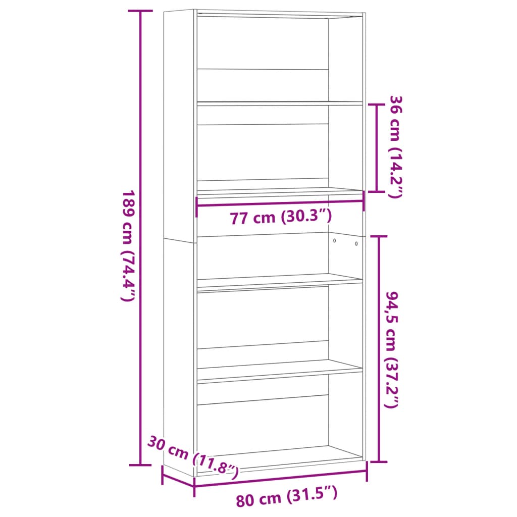 Bokhylle Svart 80X30X189 Cm Konstruert Tre