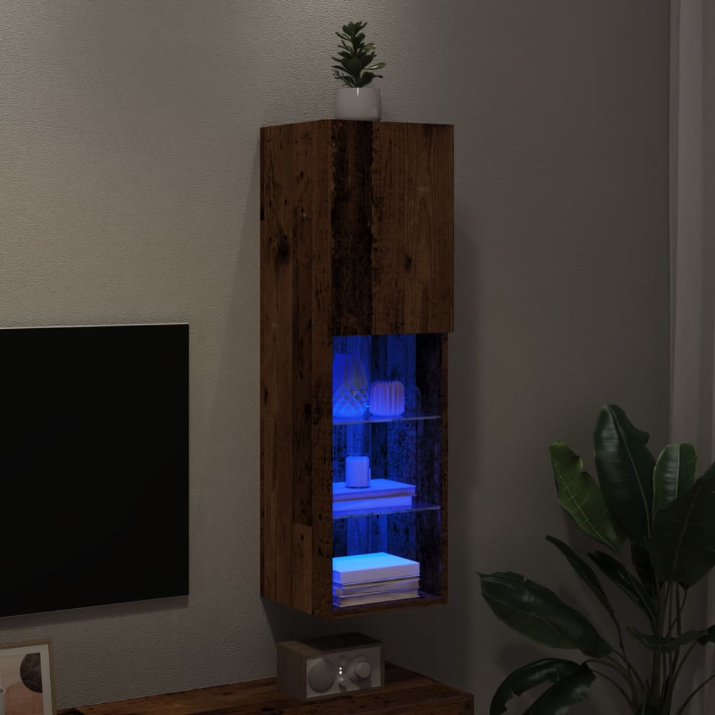 Tv-Benk Med Led-Lys Gammelt Tre 30,5X30X102 Cm