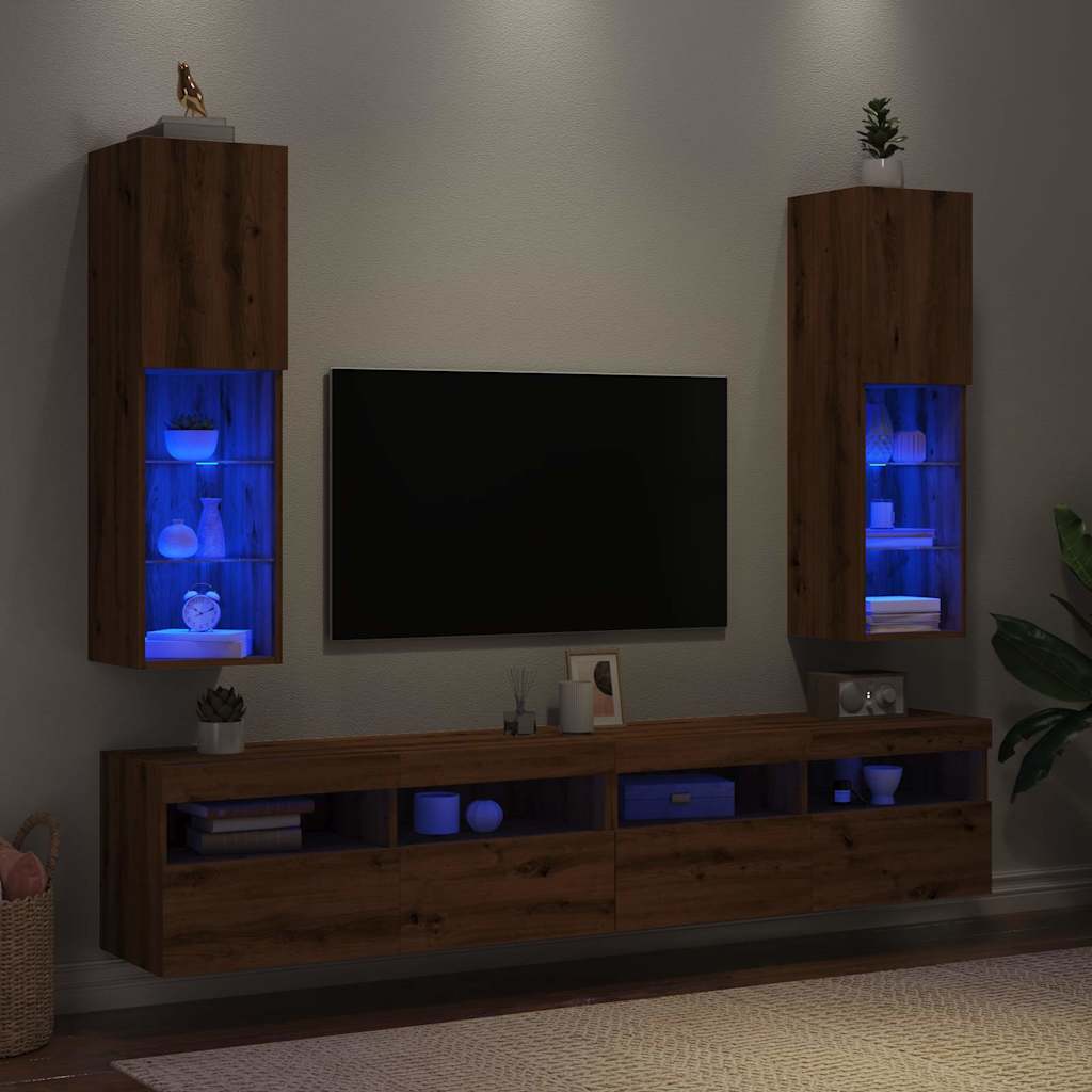 Tv-Benker Med Led-Lys 2 Stk Artisan Eik 30,5X30X102 Cm