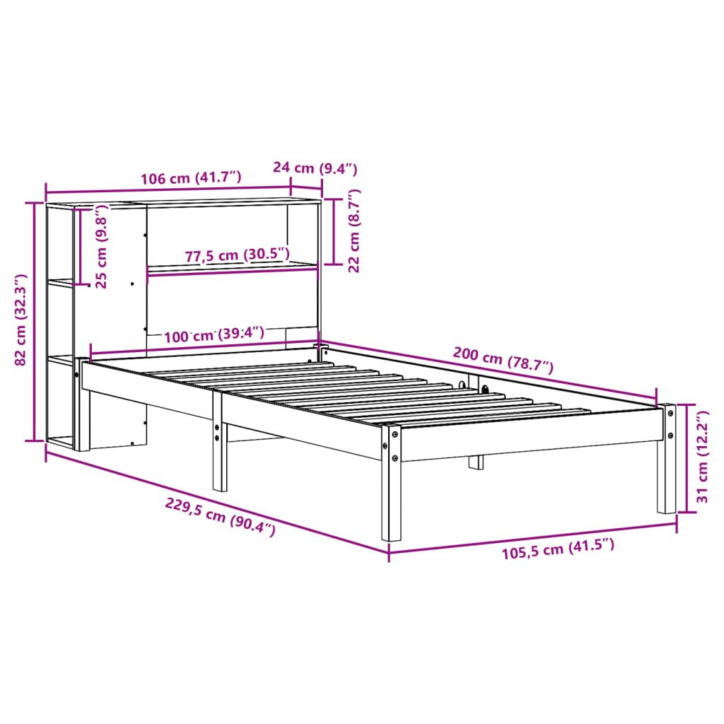 Seng Med Bokhylle Uten Madrass Hvit 100X200 Cm Heltre Furu