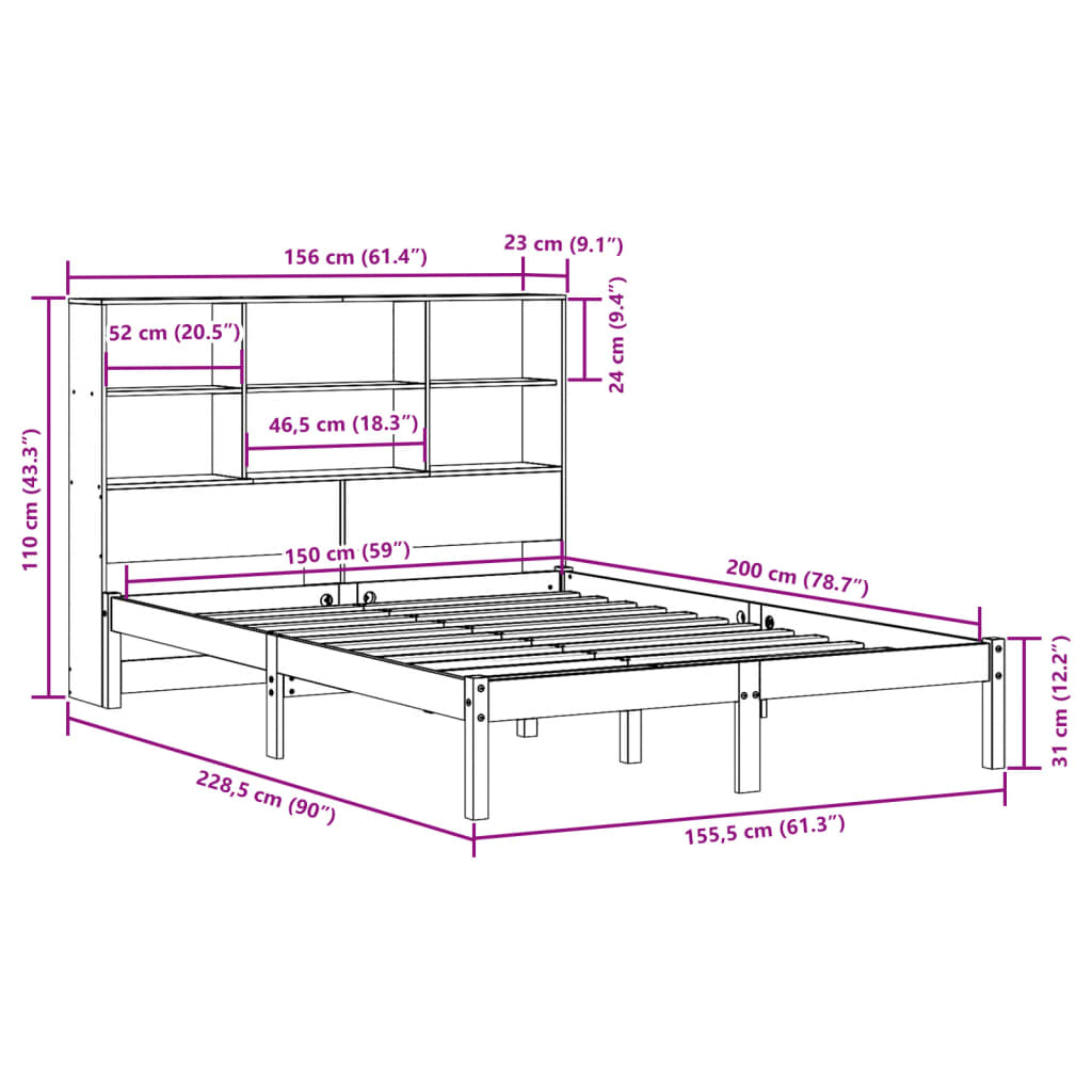 Seng Med Bokhylle Uten Madrass Voksbrun 150X200 Cm Heltre Furu