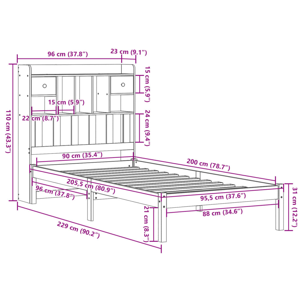 Seng Med Bokhylle Uten Madrass 90X200 Cm Heltre Furu