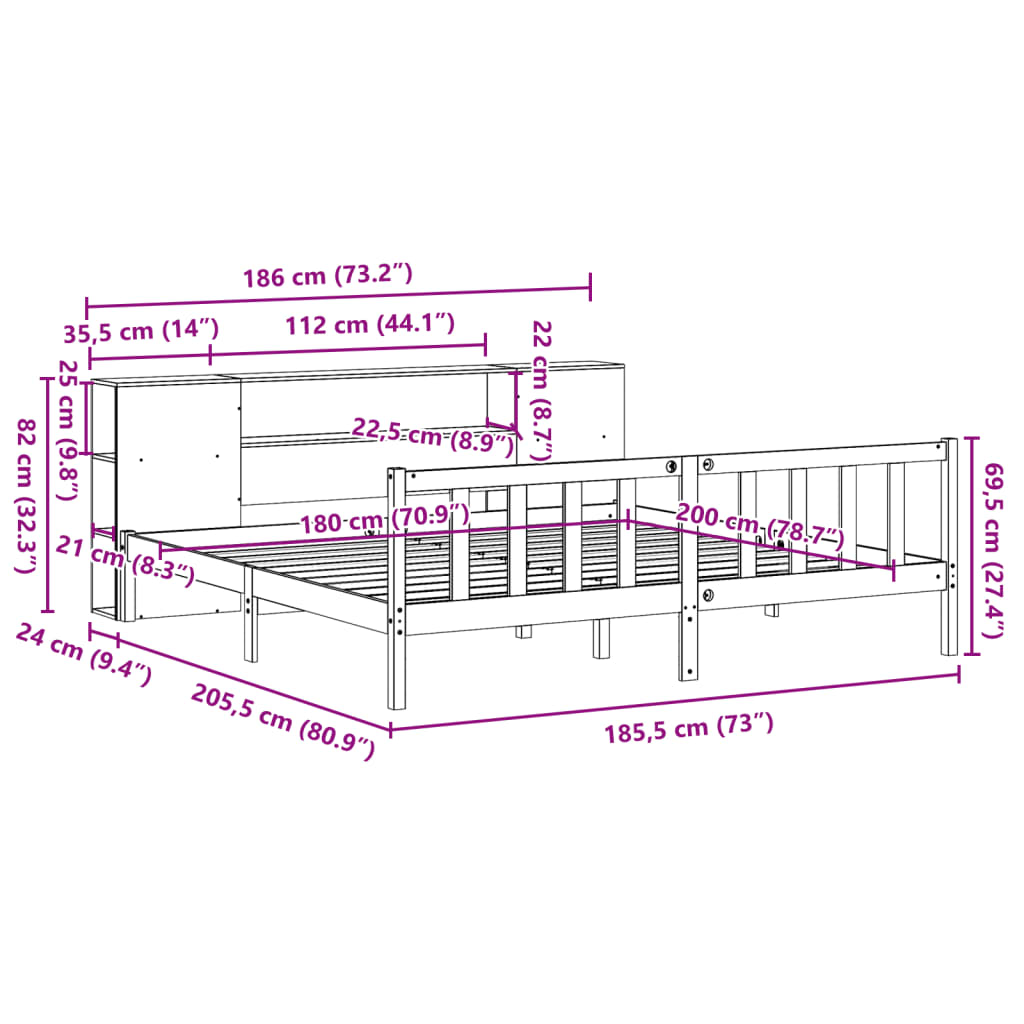 Seng Med Bokhylle Uten Madrass 180X200 Cm Heltre Furu