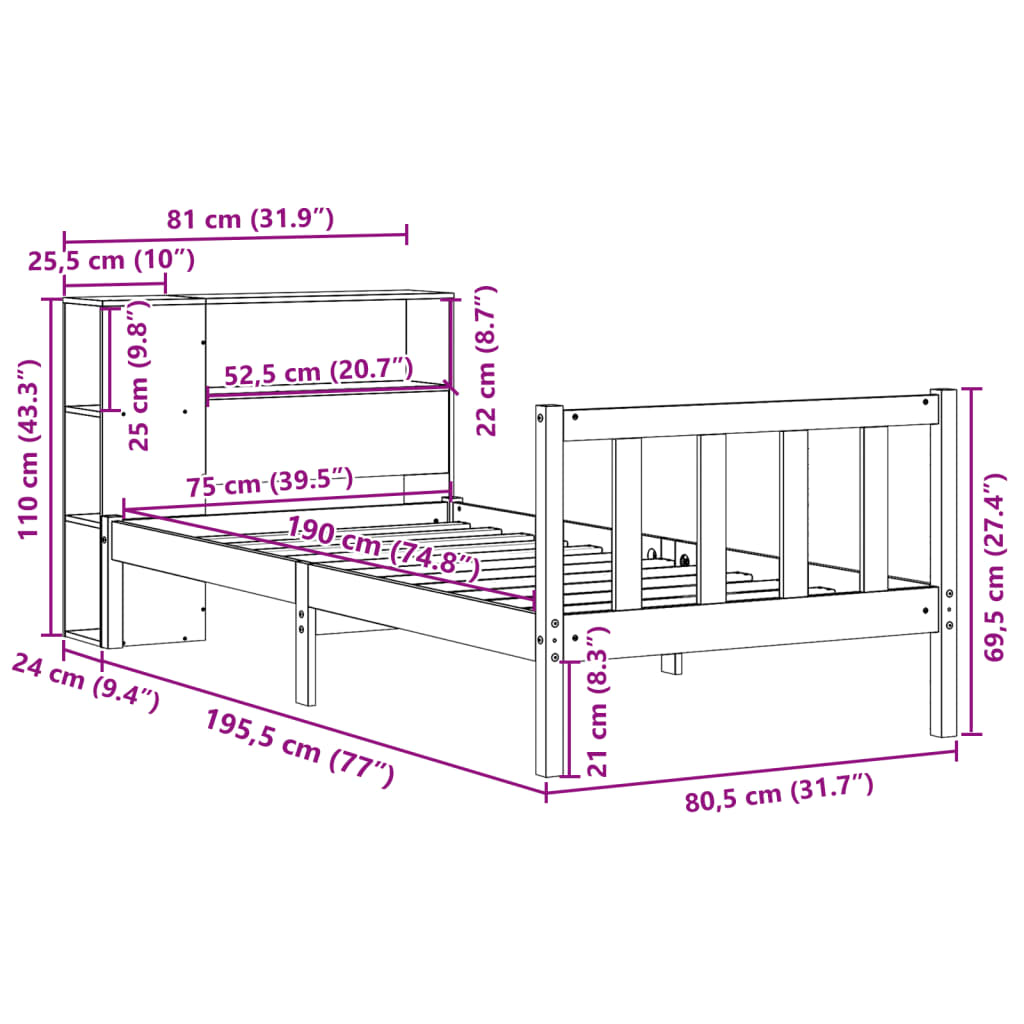 Seng Med Bokhylle Uten Madrass Hvit 75X190 Cm Heltre Furu