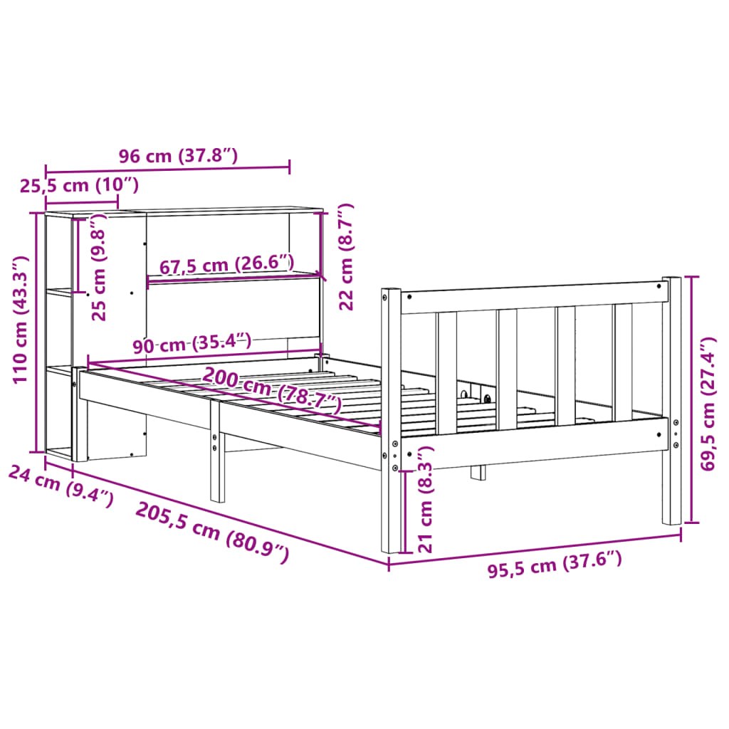Seng Med Bokhylle Uten Madrass 90X200 Cm Heltre Furu