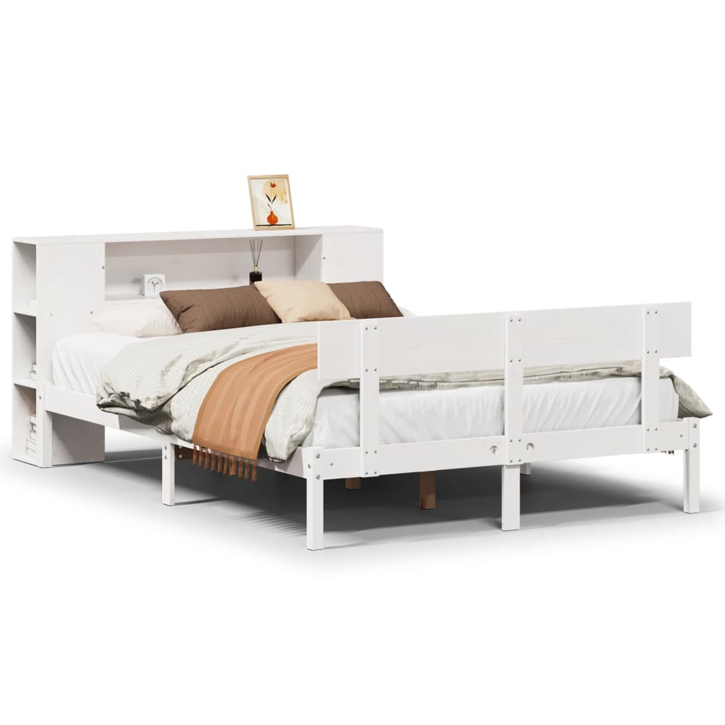 Seng Med Bokhylle Uten Madrass Hvit 140X190 Cm Heltre Furu