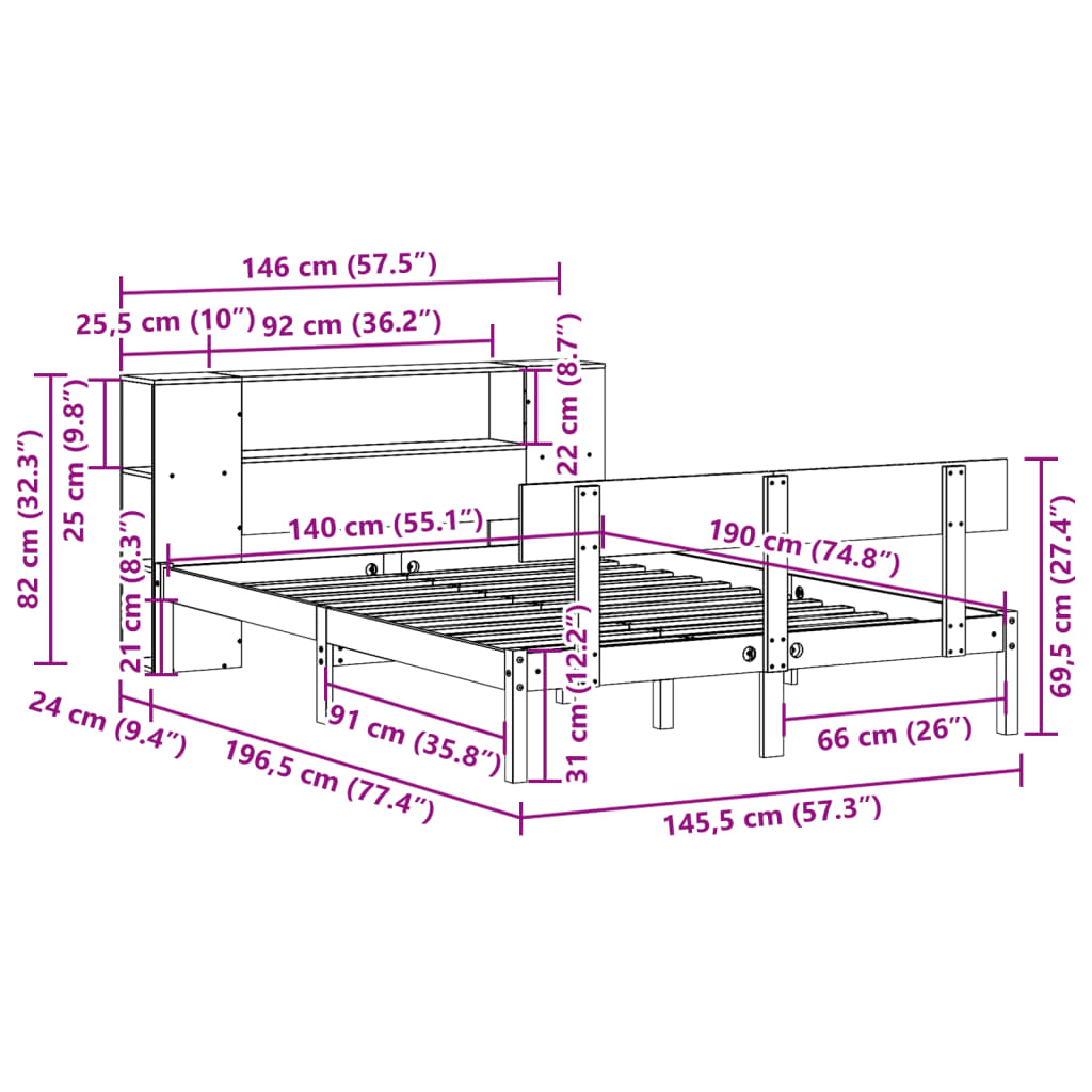 Seng Med Bokhylle Uten Madrass Hvit 140X190 Cm Heltre Furu