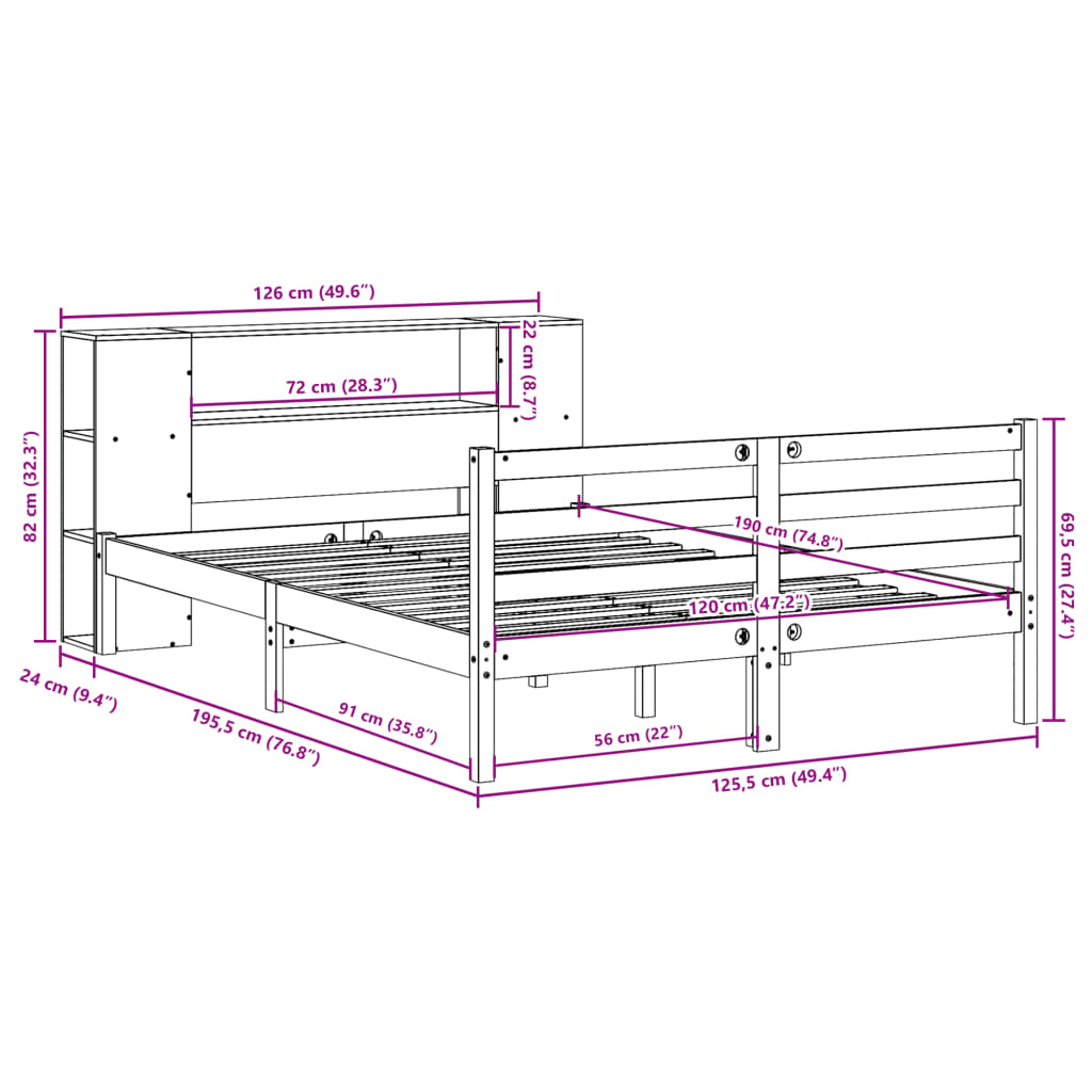 Seng Med Bokhylle Uten Madrass Hvit 120X190 Cm Heltre Furu