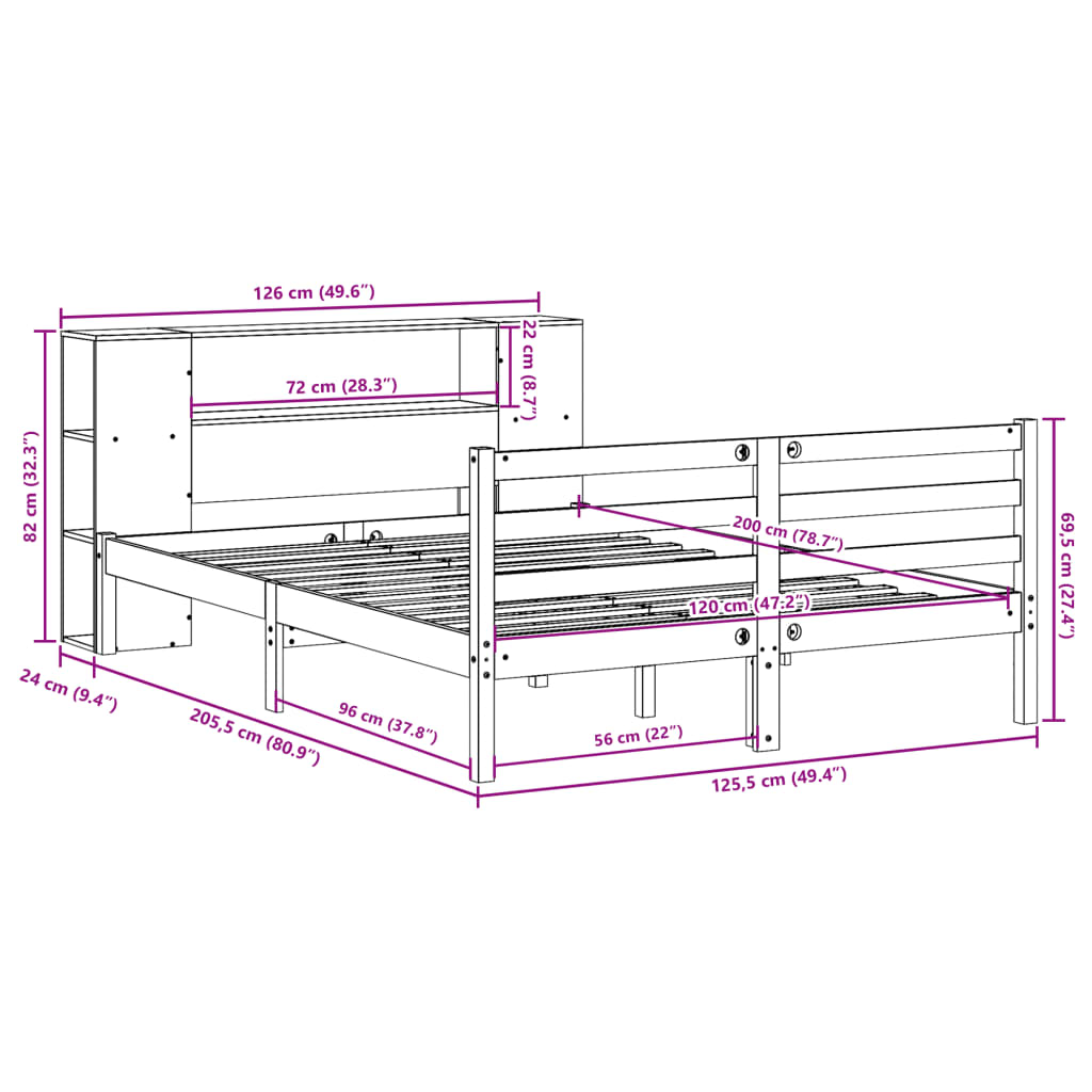 Seng Med Bokhylle Uten Madrass Hvit 120X200 Cm Heltre Furu