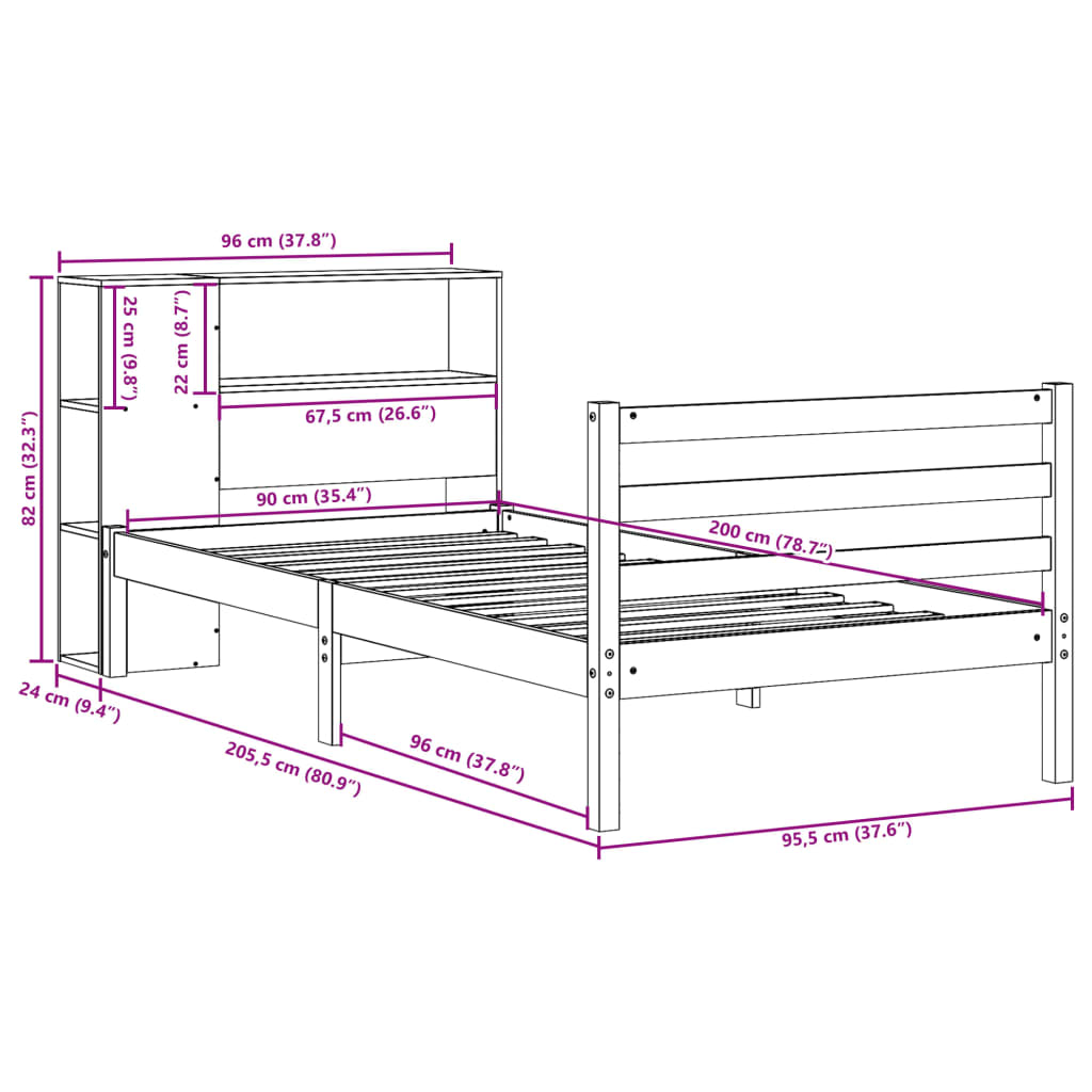Seng Med Bokhylle Uten Madrass 90X200 Cm Heltre Furu